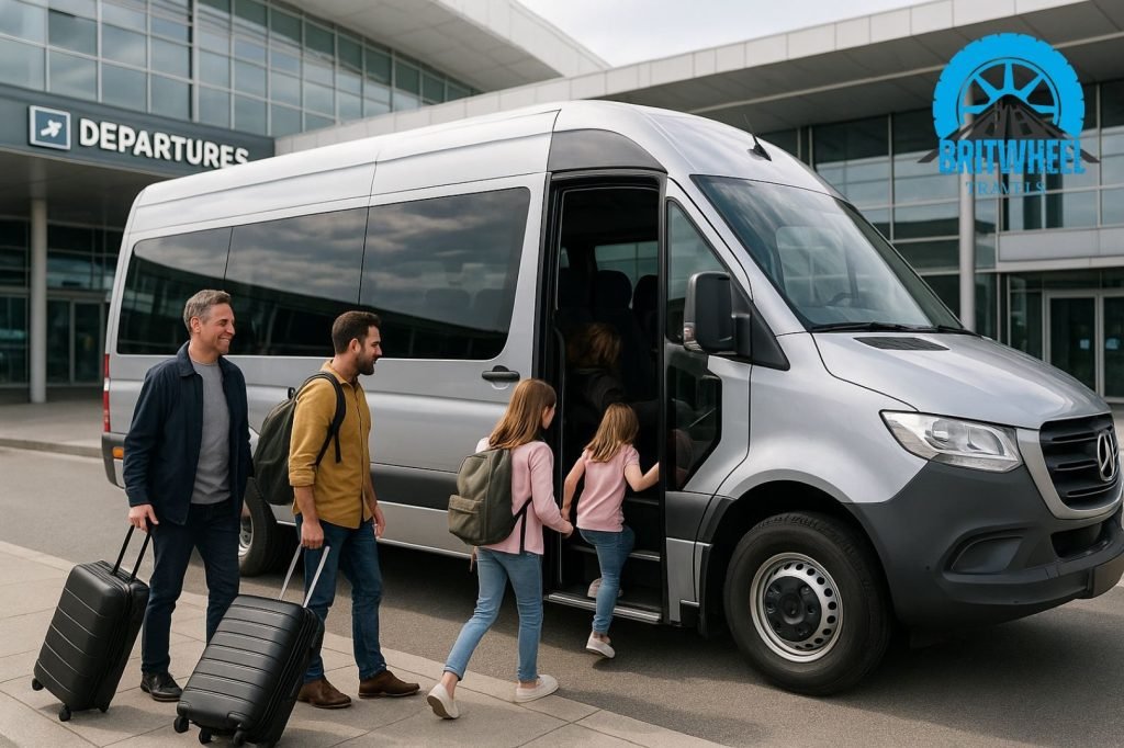 Group boarding a sleek minibus at airport curb, seamless and comfortable airport transfer scene