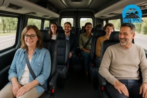 Spacious minibus interior with multiple passengers seated comfortably, ample legroom and luggage storage