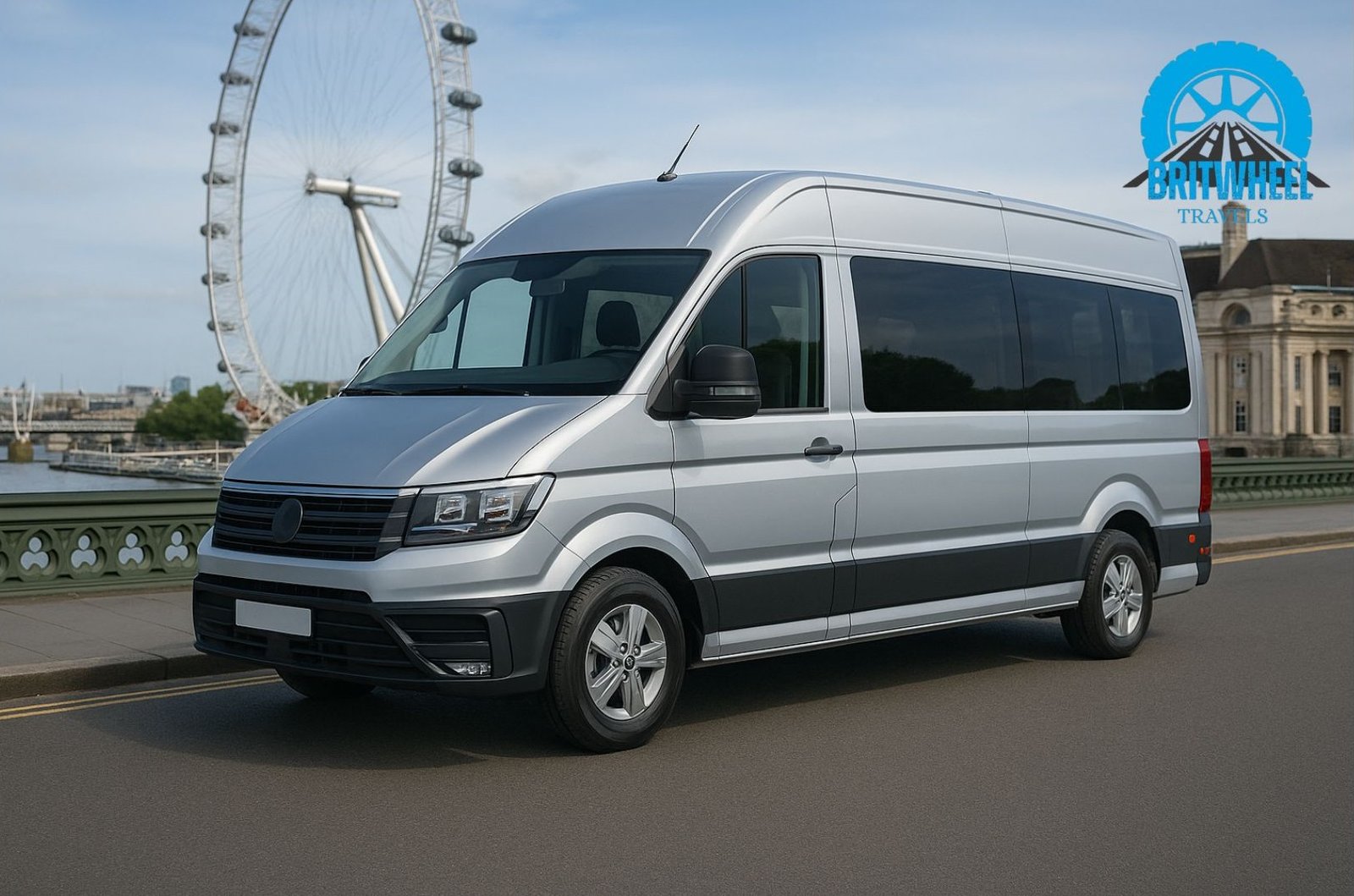 Photorealistic London 16-seater minibus parking near iconic London landmark