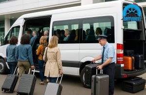 Group boarding a 16‑seater minibus at London airport with luggage and driver assistance