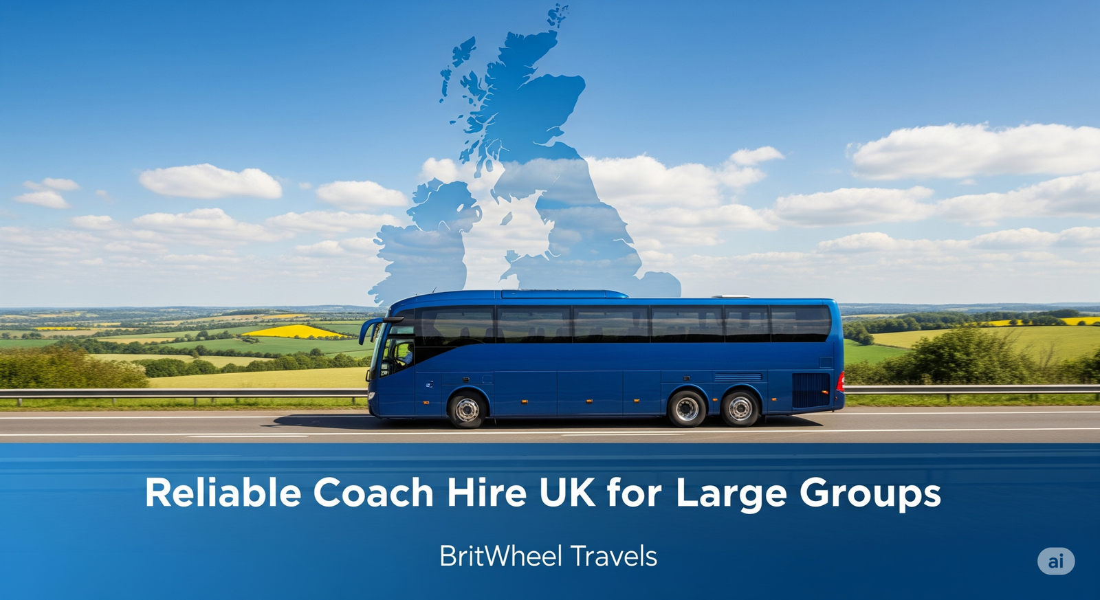A blue BritWheel Travels coach drives on a UK motorway beneath a sky featuring a map outline of the United Kingdom, illustrating 'Reliable Coach Hire UK for Large Groups' by BritWheel Travels
