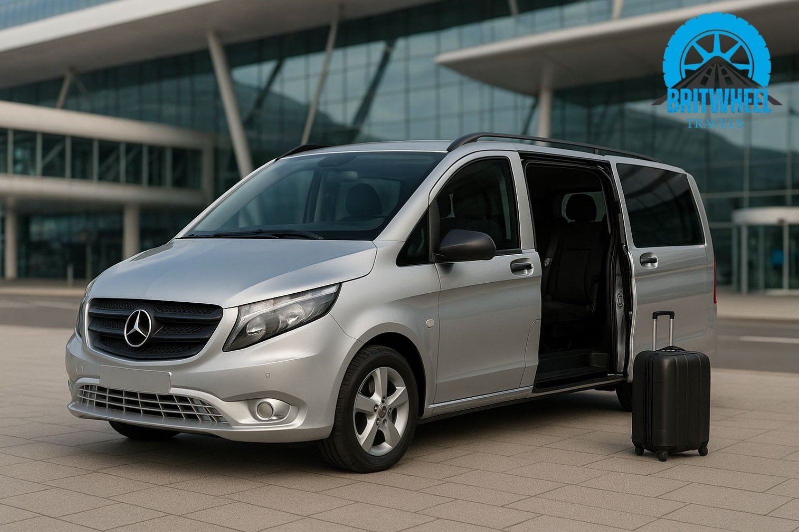8‑seater minibus parked at a UK airport, modern and ready for group travel