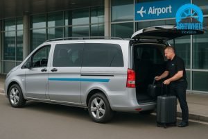 8‑seater minibus at a UK airport curb, driver loading luggage for group transfer