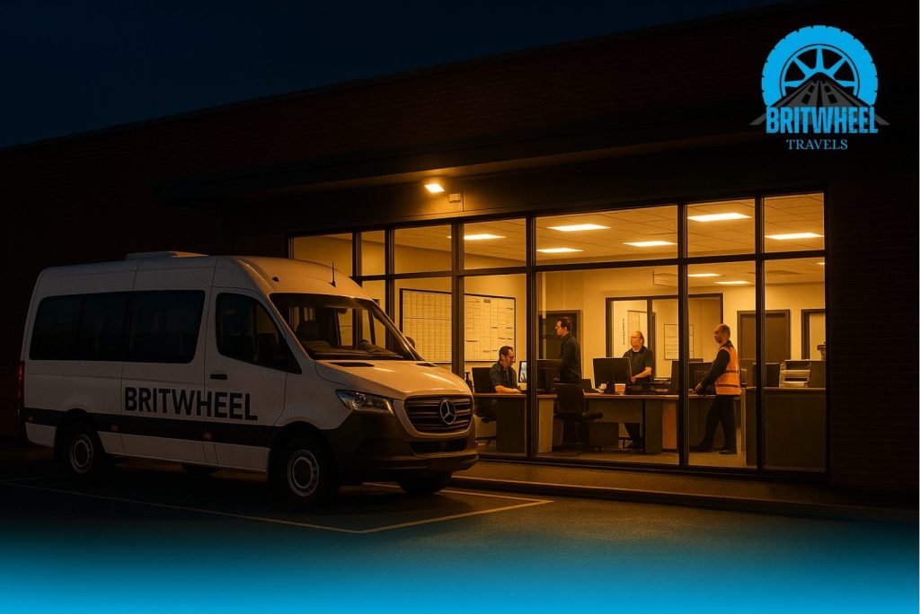 Night‑time BritWheel coach dispatch centre with minibus in vehicle bay and live staff visible inside