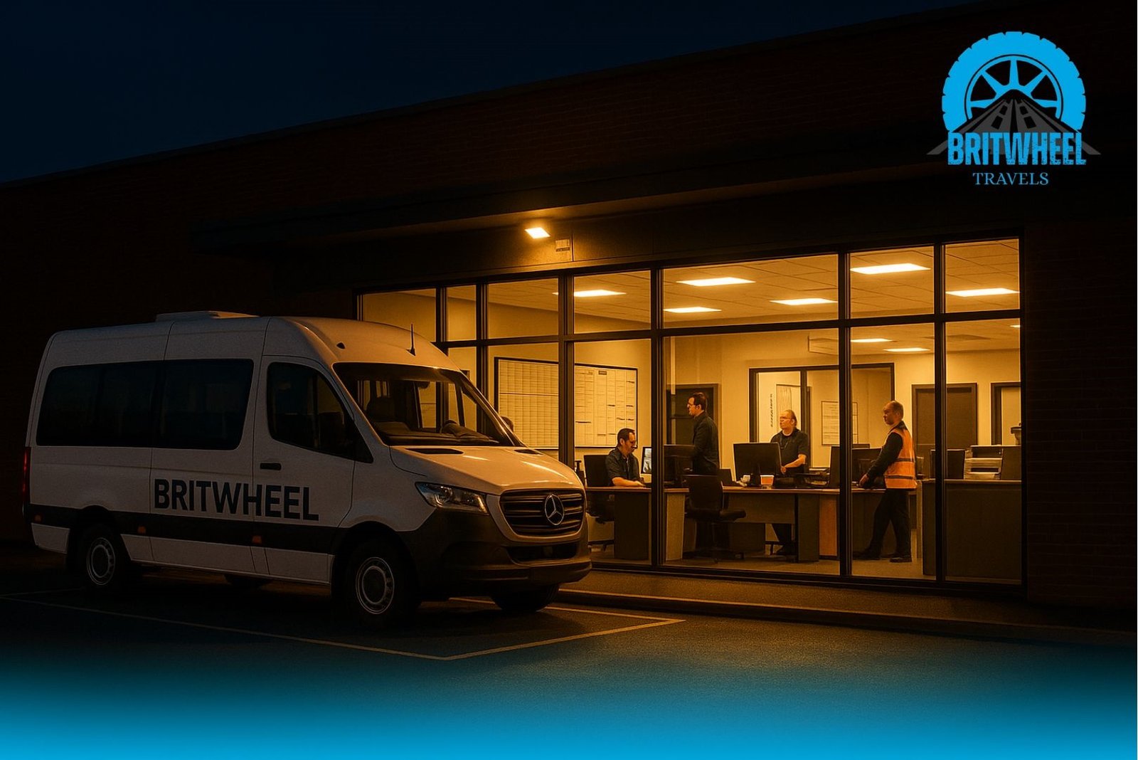 Night‑time BritWheel coach dispatch centre with minibus in vehicle bay and live staff visible inside