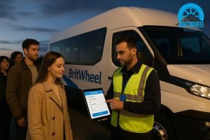 Passenger group and staff member with tablet next to a BritWheel 16‑seater minibus at dusk UK