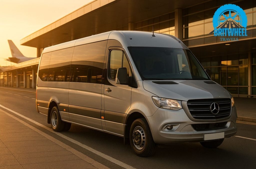 Modern BritWheel minibus at UK airport terminal ready for on‑time group transfer