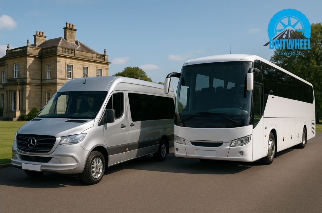 Photorealistic minibus and coach parked side by side in a UK setting, styled for group hire comparison.