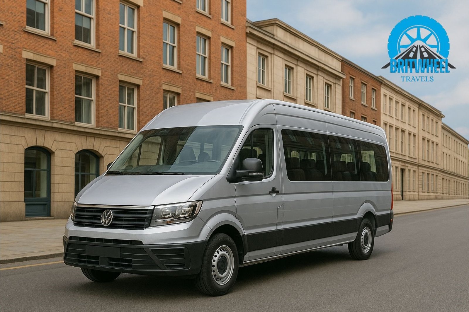 Photorealistic 12-seater minibus parked for group travel hire in UK scene, modern and professional