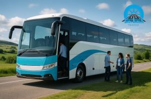 Modern 50-seater coach in UK countryside, ready for group travel with BritWheel Travels