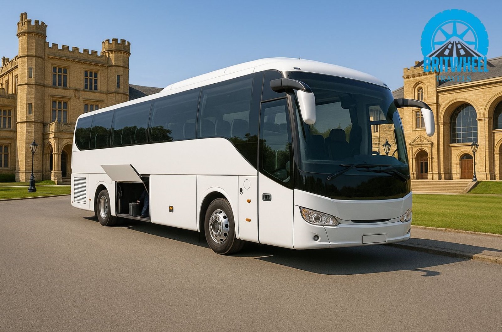 Modern 50-seater coach at UK event venue, ideal for large group travel with BritWheel Travels