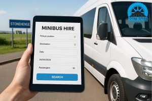 Tablet showing minibus booking interface beside UK minibus preparing for day-trip