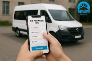 User booking a one‑way minibus via interface with vehicle image in UK one‑way hire context