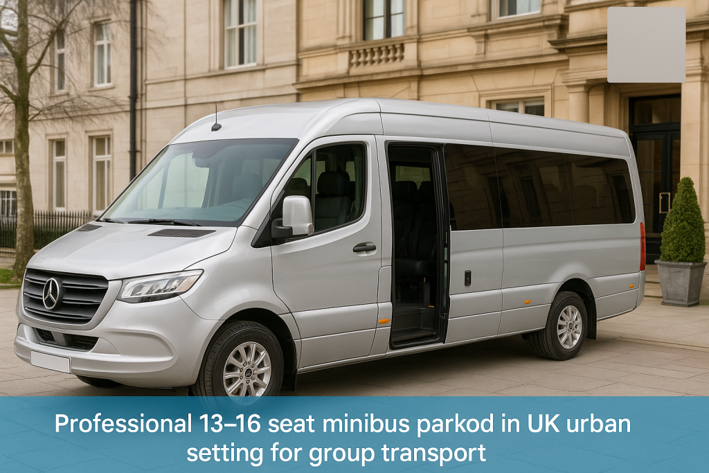 Professional 13–16 seat minibus parked in UK urban setting for group transport