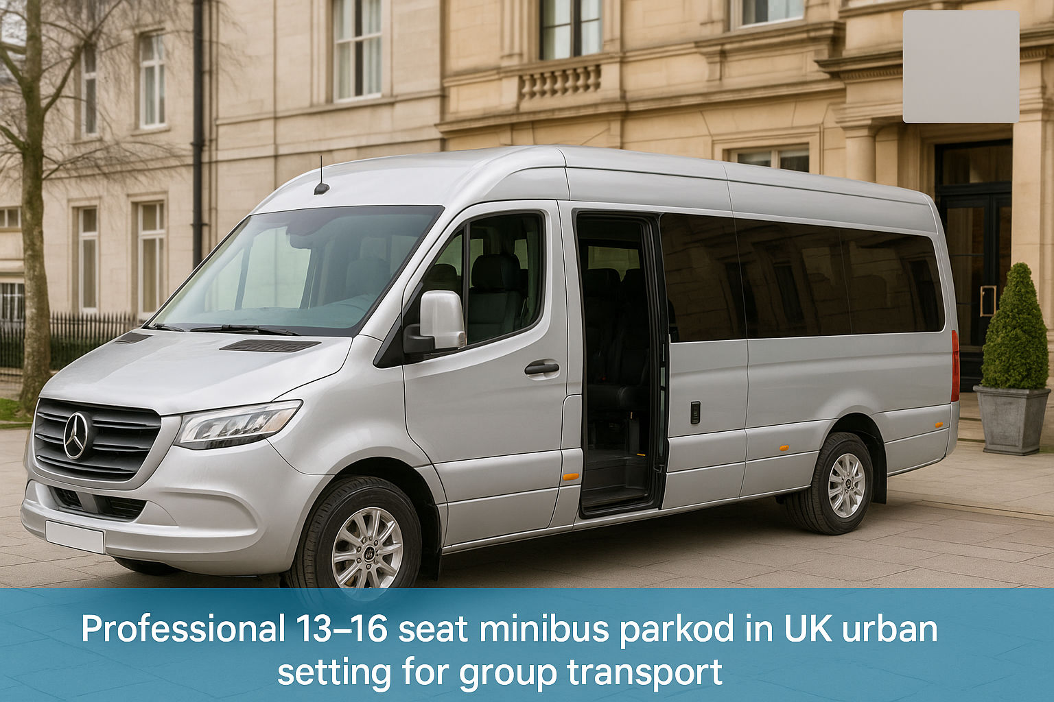 Professional 13–16 seat minibus parked in UK urban setting for group transport