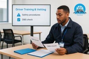 Uniformed driver in training session reviewing safety procedures and DBS compliance