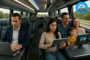 Passengers using Wi-Fi, charging devices, and enjoying entertainment inside executive coach.