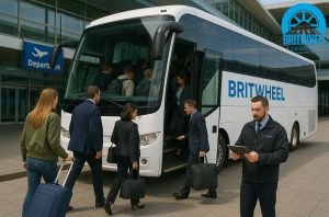 Passengers boarding BritWheel coach for urgent airport transfer in the UK.