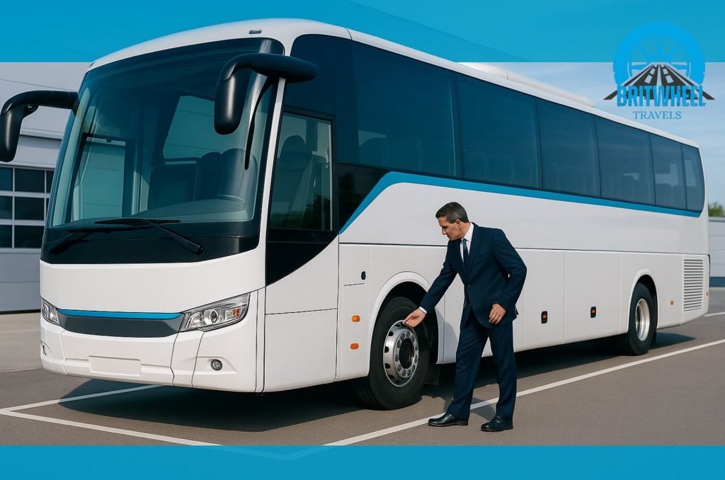 Coach inspection by uniformed driver at modern depot reflecting safety and reliability