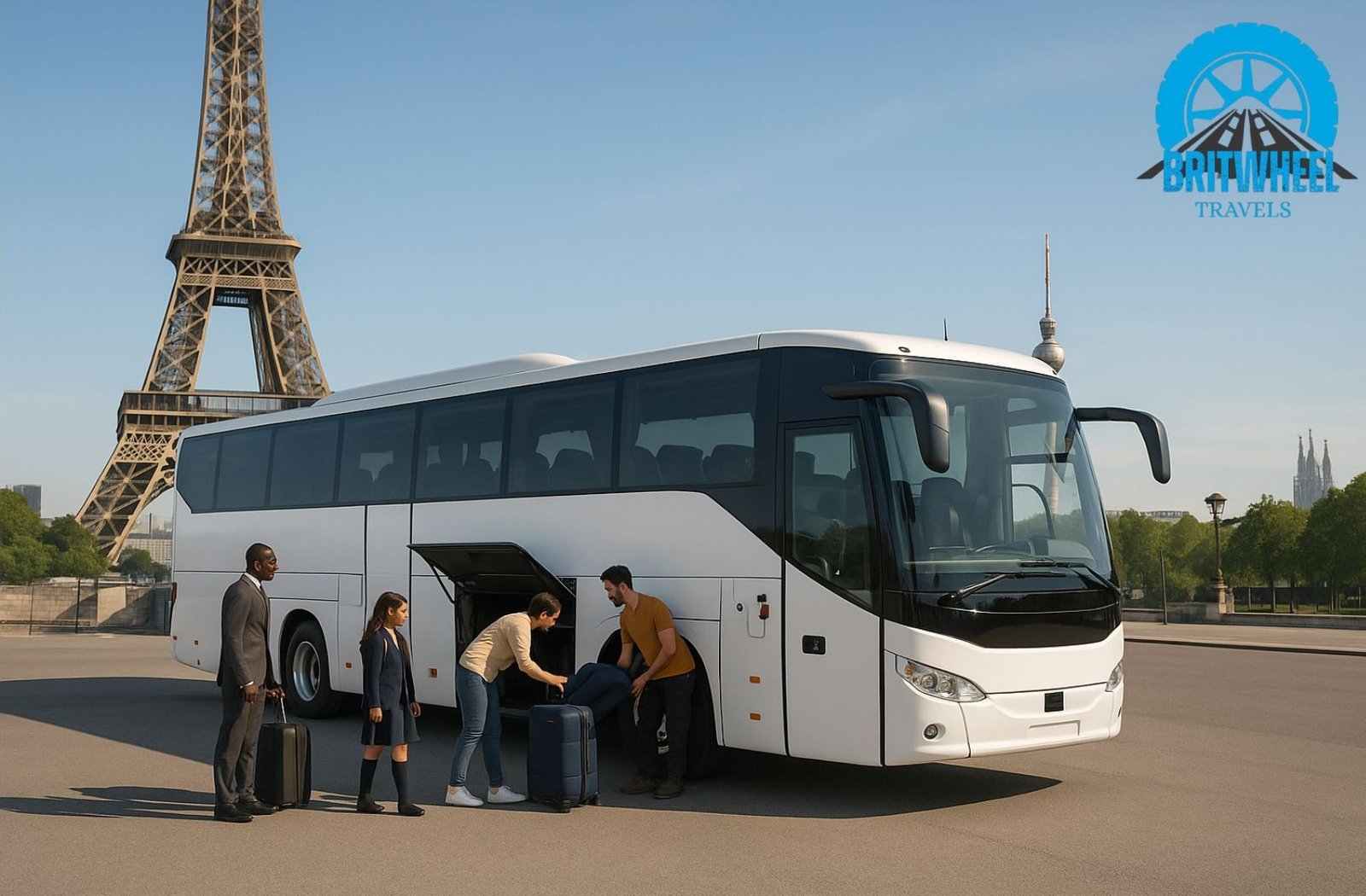 Inside view of modern coach with group travelling through Europe