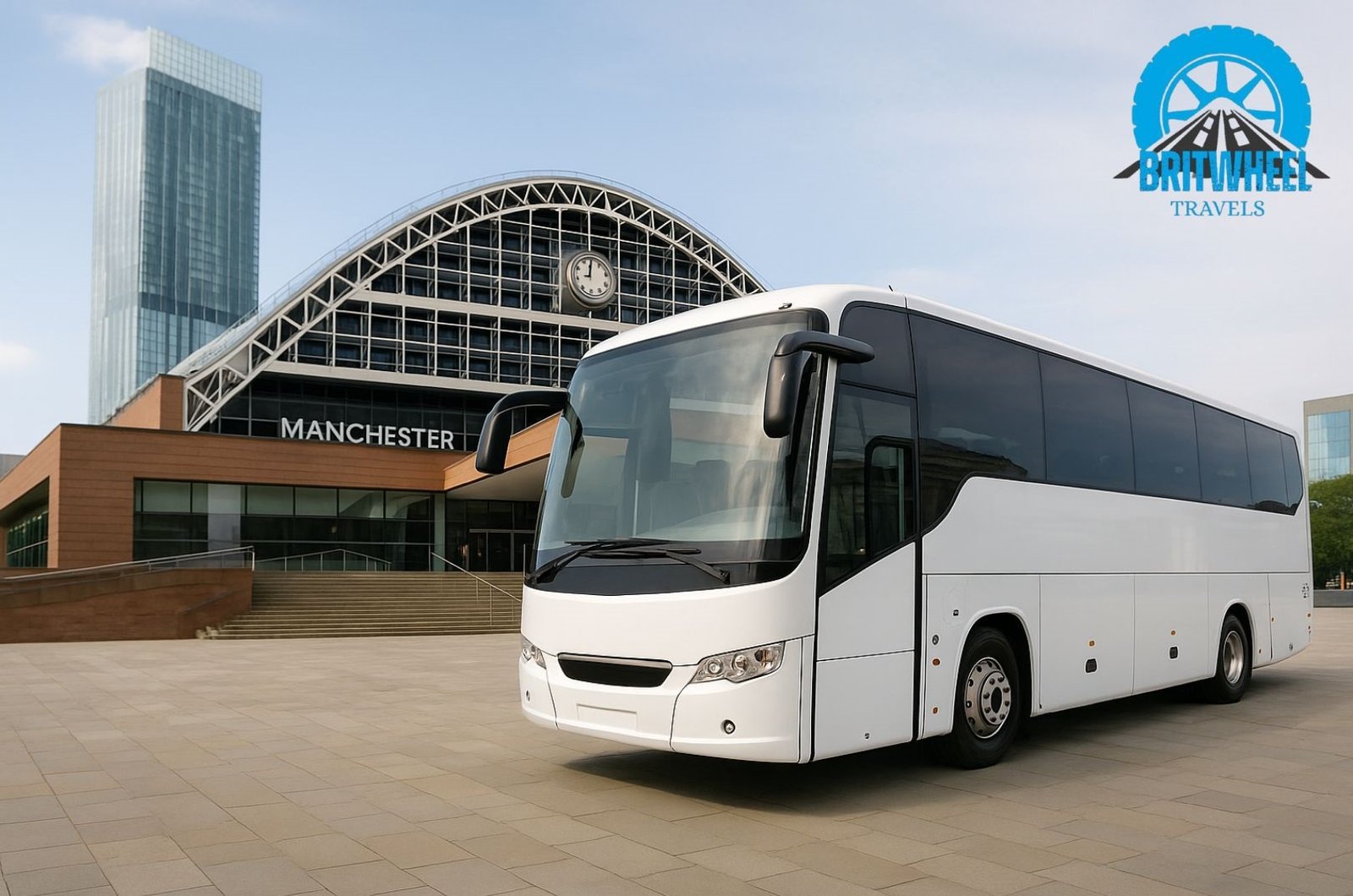 Modern coach outside Manchester landmark, ready for group travel—professional, safe, reliable service