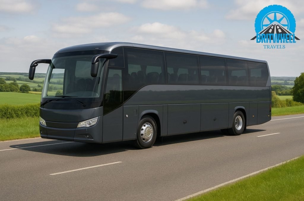Modern BritWheel executive coach parked on a UK countryside road, representing premium comfort, connectivity, and safety amenities for group travel.