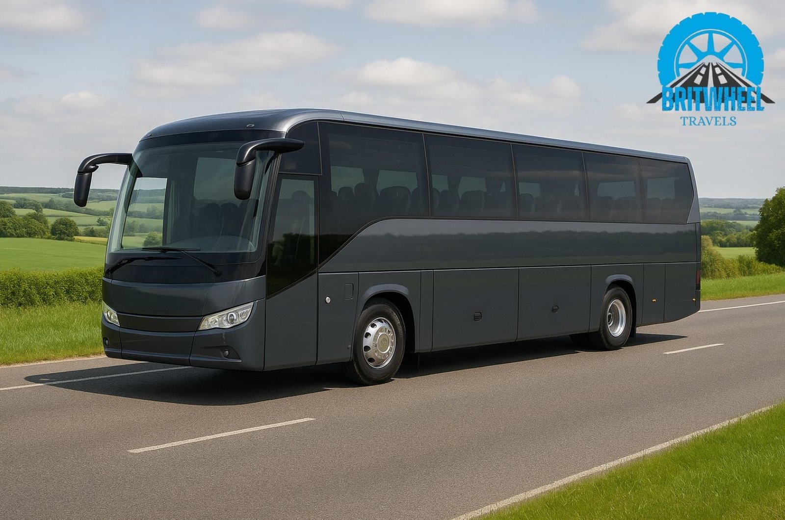 Modern BritWheel executive coach parked on a UK countryside road, representing premium comfort, connectivity, and safety amenities for group travel.