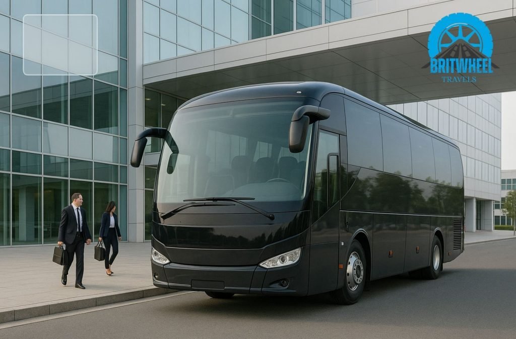 Executive coach parked at modern corporate venue for premium business travel