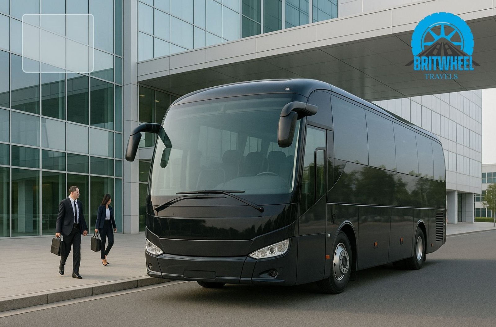 Executive coach parked at modern corporate venue for premium business travel
