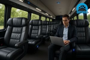 Interior of executive coach showing reclining seats, USB charging and business traveler working