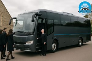 Photorealistic executive funeral coach with rear washroom and privacy features at a UK funeral pick-up