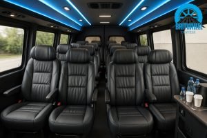 Luxury executive minibus interior with leather seating and Wi-Fi