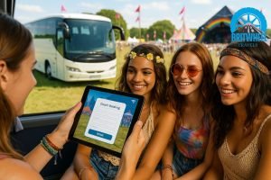 Festival‑goers using a tablet to book a coach for group travel to a UK music festival.