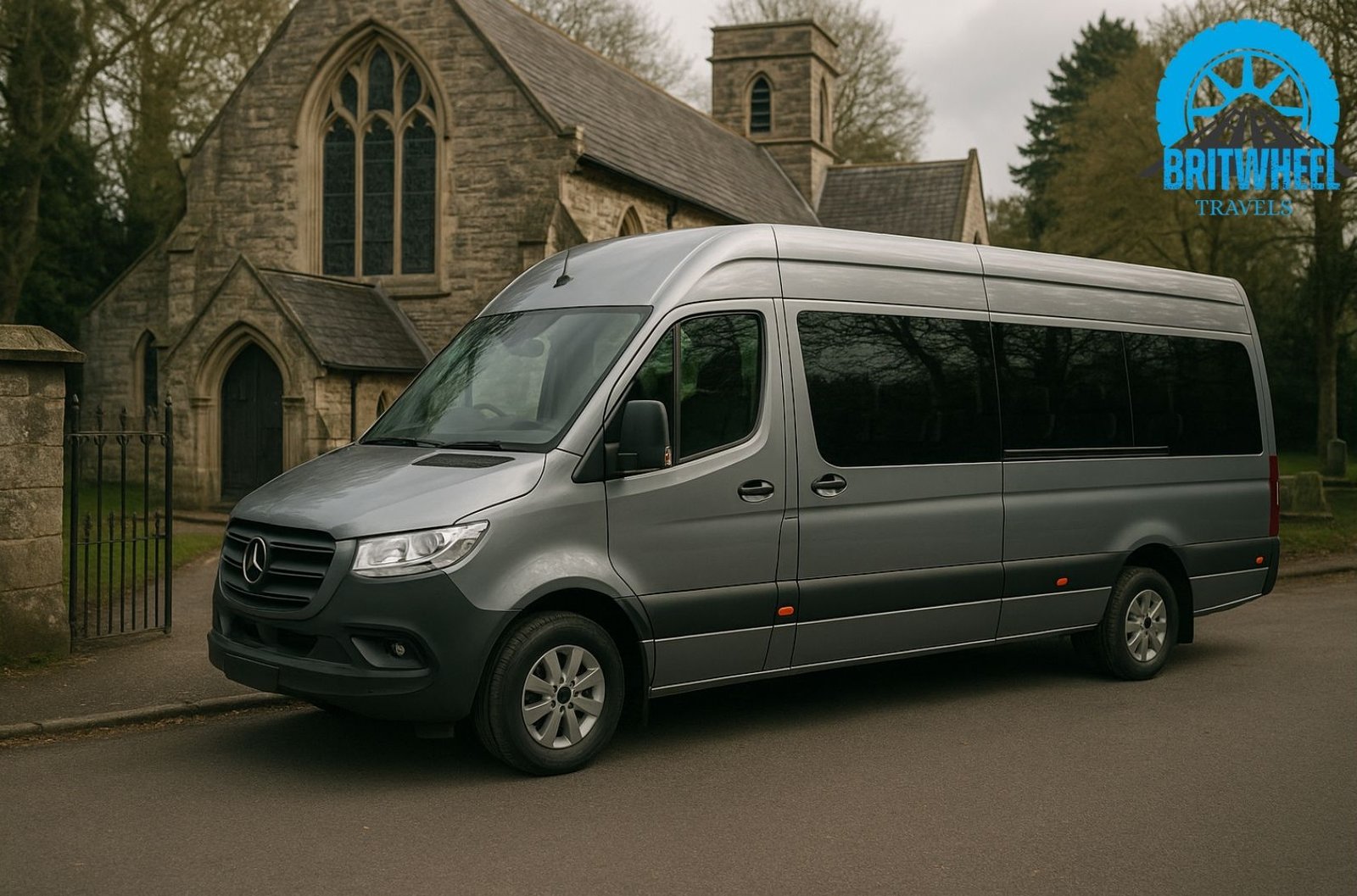 Photorealistic funeral minibus parked outside a UK crematorium, conveying respectful and reliable group transport