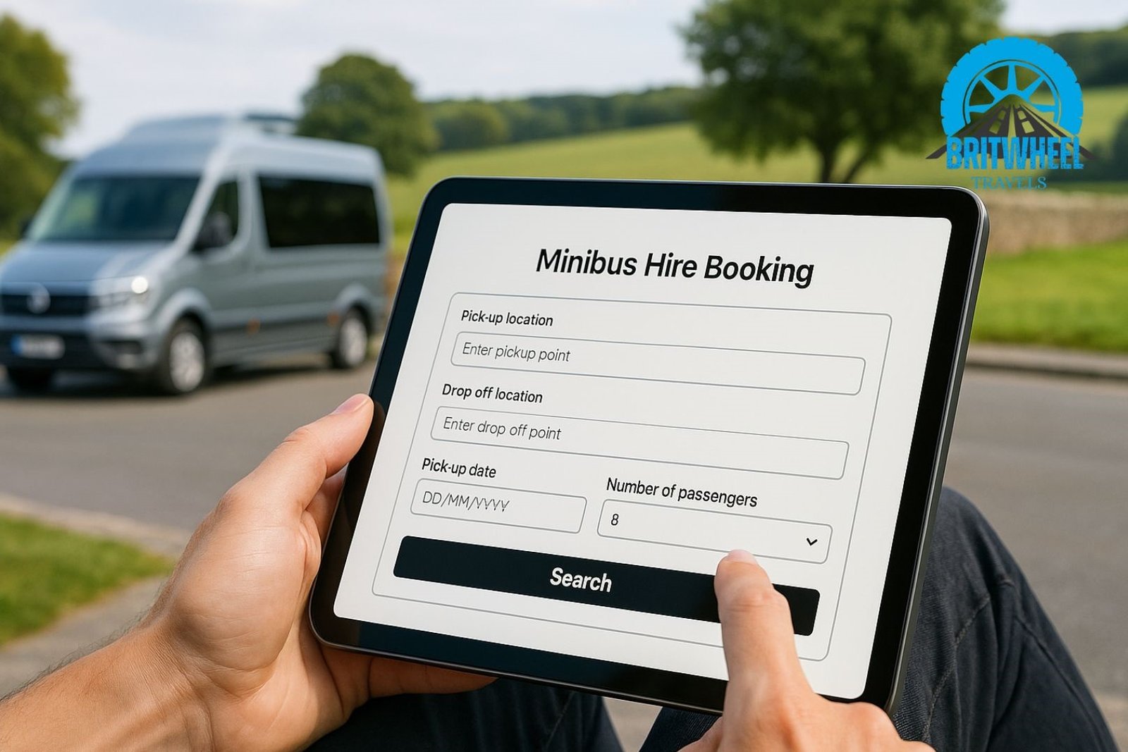 User booking minibus hire online via BritWheelTravels form on tablet in UK setting