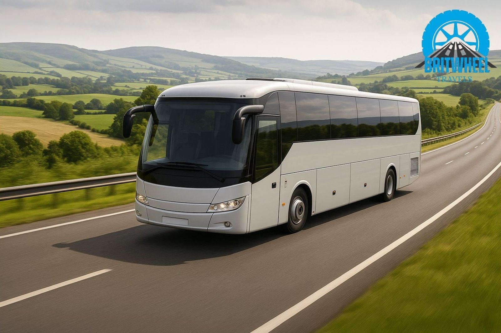 Modern long‑distance coach travelling through UK countryside, suitable for trust‑driven travel blog imagery.