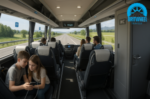 Inside view of modern coach with group travelling through Europe