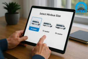 User selecting minibus size on booking interface—8 , 12 , 16‑seater options visible