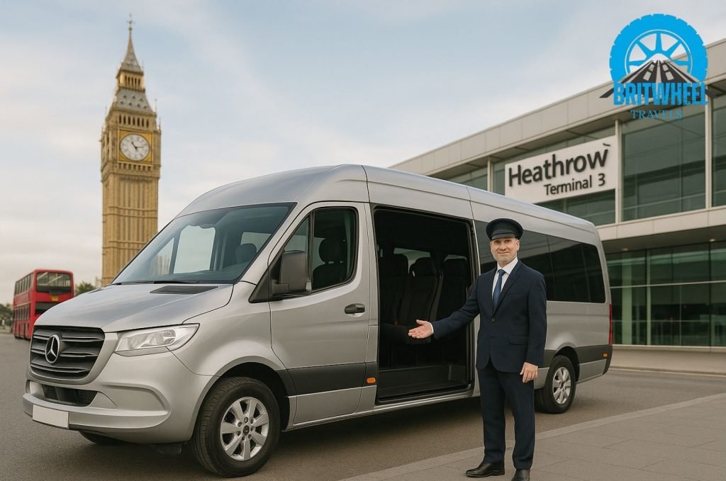 Professional driver with modern minibus outside UK airport or city landmark