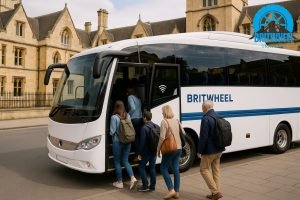 Passengers boarding a midicoach in Oxford, showing modern coach hire with Wi‑Fi and comfort features.