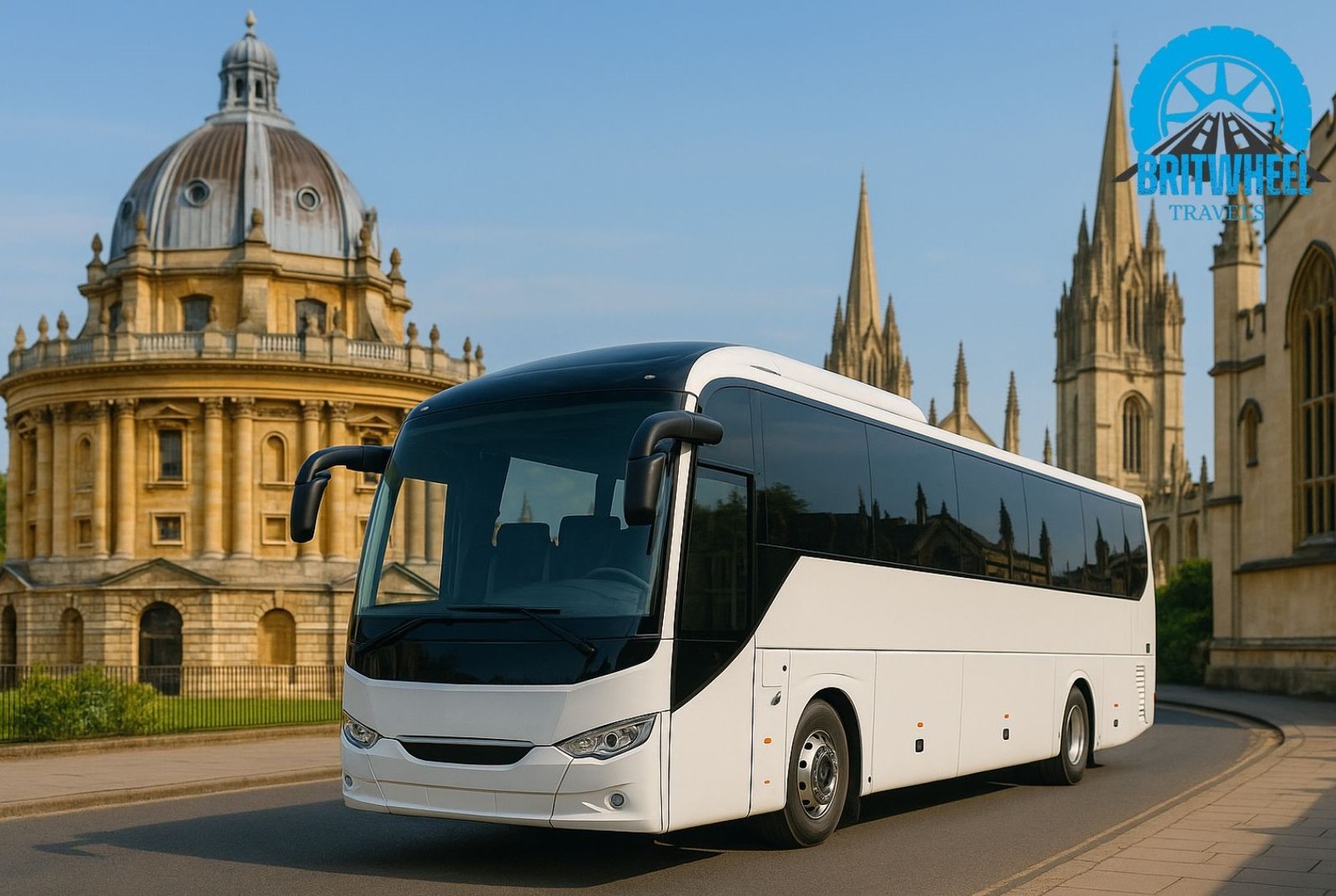 Photorealistic scene of BritWheel coach near Oxford’s historic spires, highlighting group transport services.