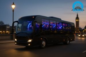 A modern UK party bus with interior lights glowing, moving through a city street at dusk, ready for celebration.