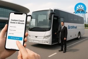 Person using device with BritWheel coach booking interface beside a modern coach in UK setting