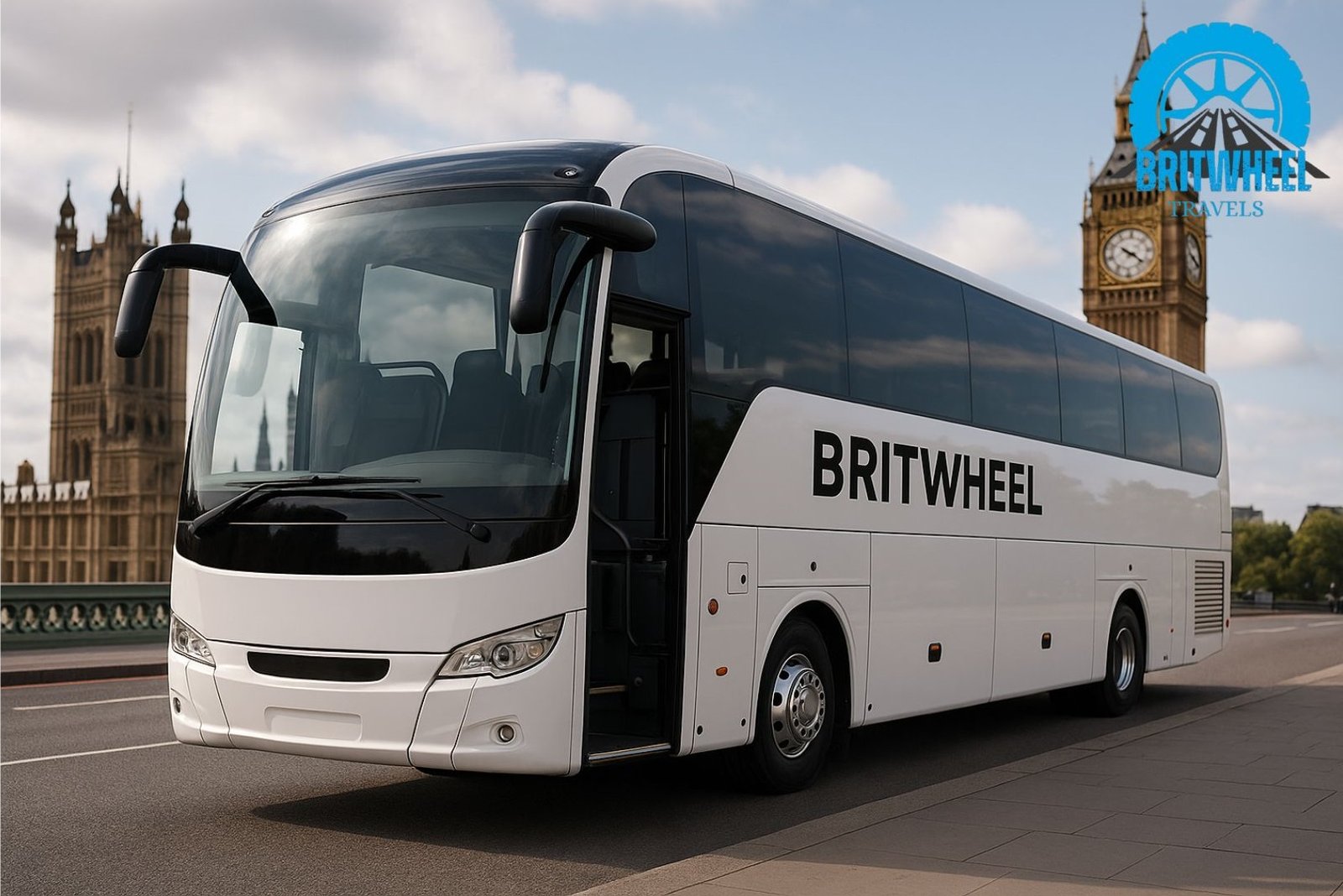 Modern BritWheel coach parked in UK setting, ready for private group hire