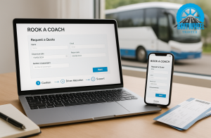 Laptop and phone with coach booking form, showing the simple step-by-step process for UK return trip coach hire.