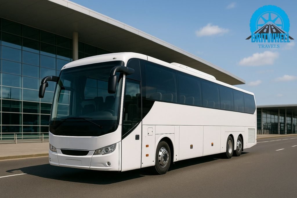 Photorealistic UK coach parked for group travel, symbolizing safe, reliable return trip hire with BritWheel Travels.