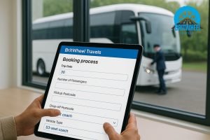 Parent or administrator filling BritWheel Travels school coach booking form on tablet with coach loading luggage outside