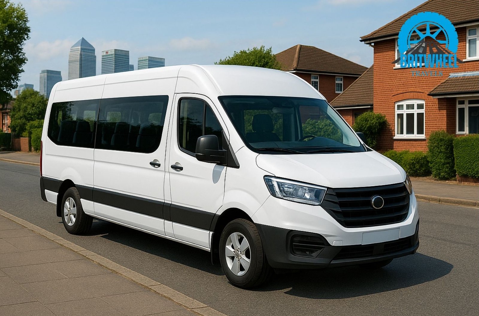 Modern UK 7–12 seat minibus parked by a suburban London street, clean and professional.
