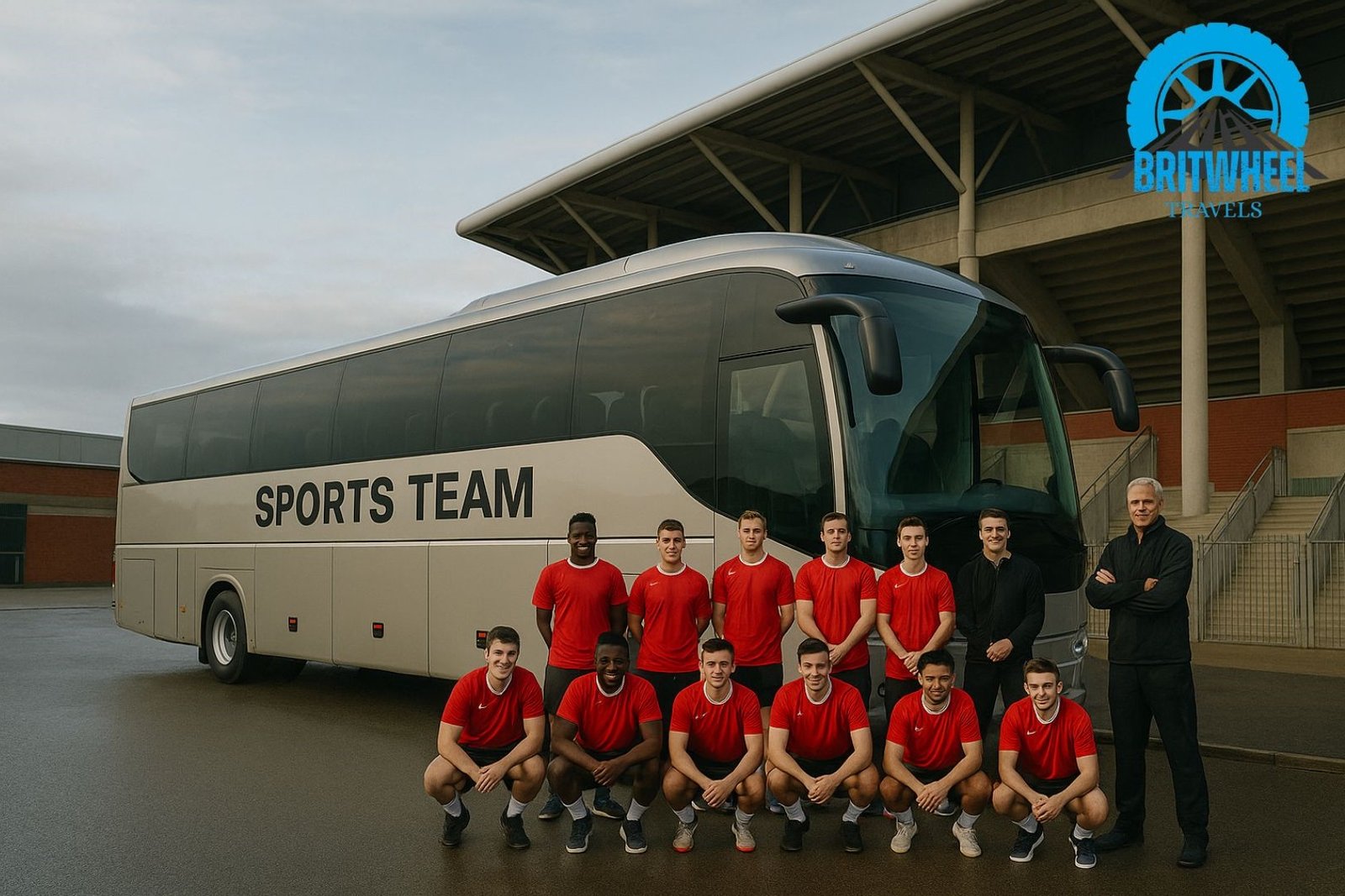 Modern sports team coach at UK stadium, ready for match-day travel with ample luggage space.