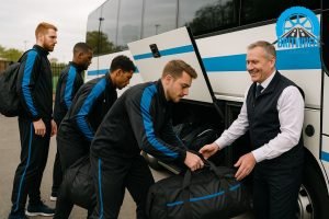 Sports team boarding coach, loading kit bags into luggage hold before match travel.